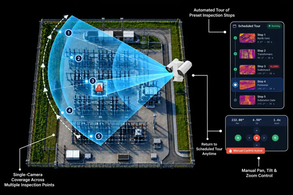 Aerial substation view with a PTZ camera scanning five preset inspection points, a scheduled tour panel and manual pan, tilt and zoom controls