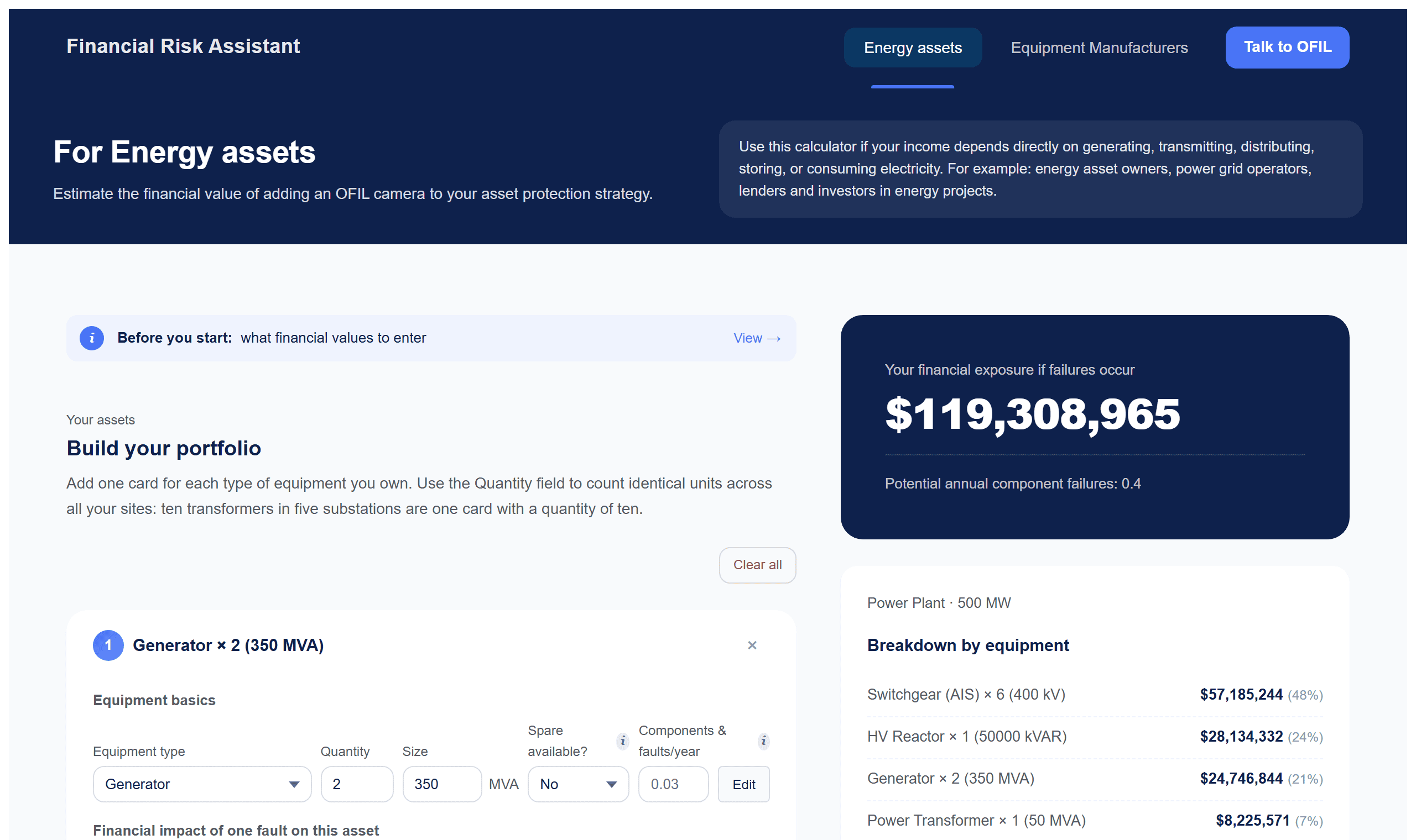 The OFIL Financial Risk Assistant calculator, energy assets view