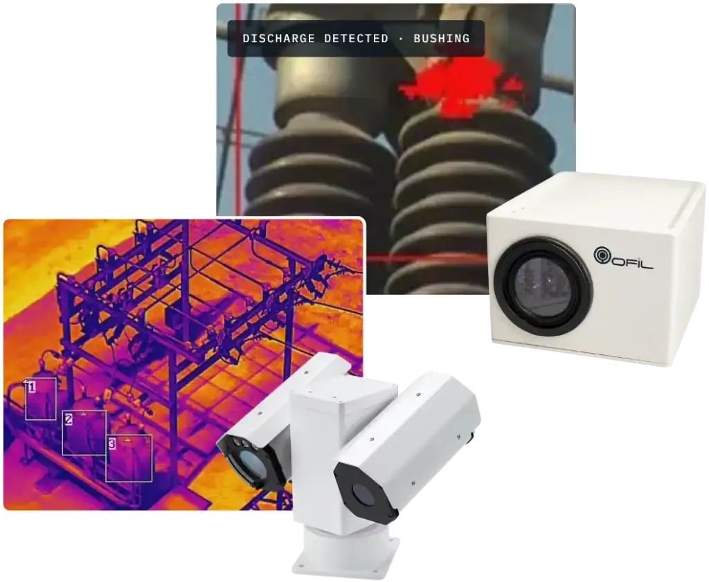 OFIL UV camera and moviTHERM PTZ thermal camera, with corona discharge detected on a bushing and a thermal view of substation equipment