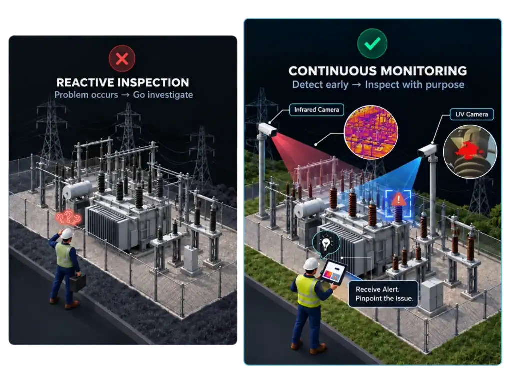 Two substation scenes: a technician investigating after a problem, and UV and infrared cameras sending an alert to a technician tablet